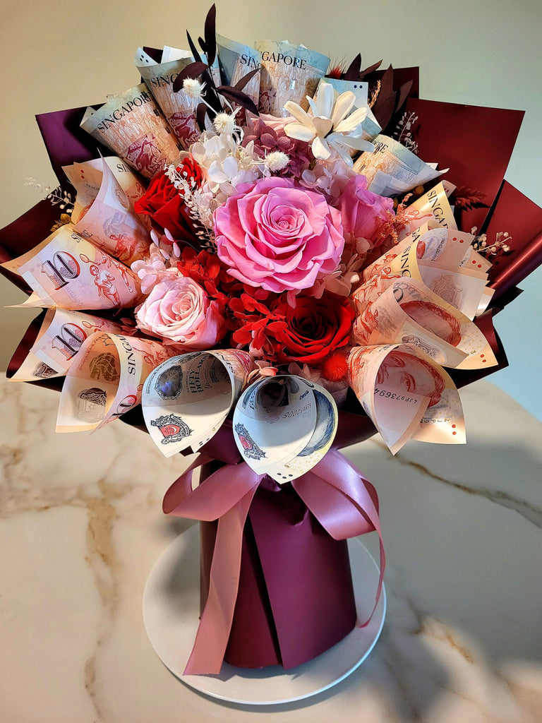 520 Preserved Flowers and Money Flowers Bouquet (With $520 Cash Notes. Self Collection Only)