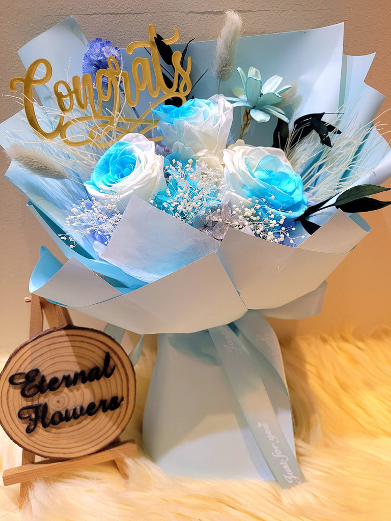 Congrats! Timeless Romance Multi-Blue Preserved Roses Bouquet.