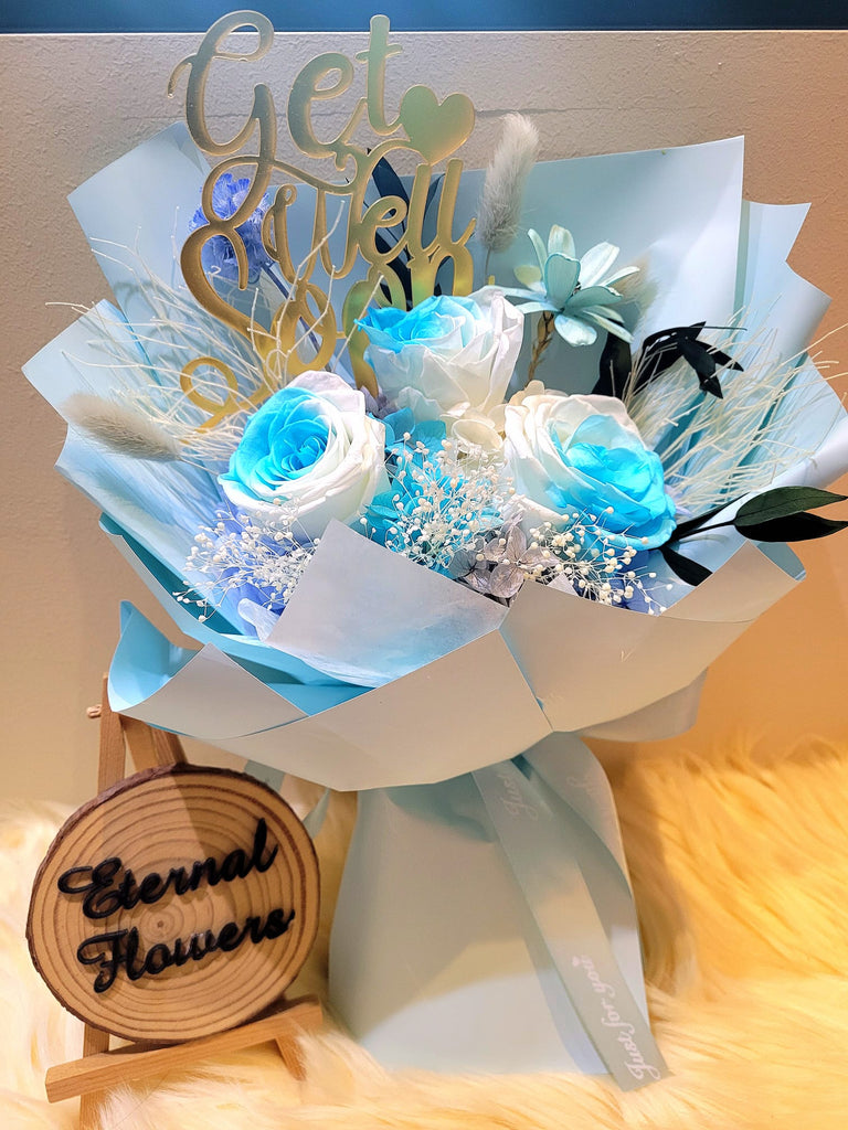 Get Well Soon! Multi-Blue Preserved Roses Bouquet. Same Day Delivery.
