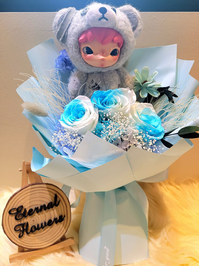AUTHENTIC HIRONO Plush With Timeless Romance Multi-Blue Preserved Roses Bouquet