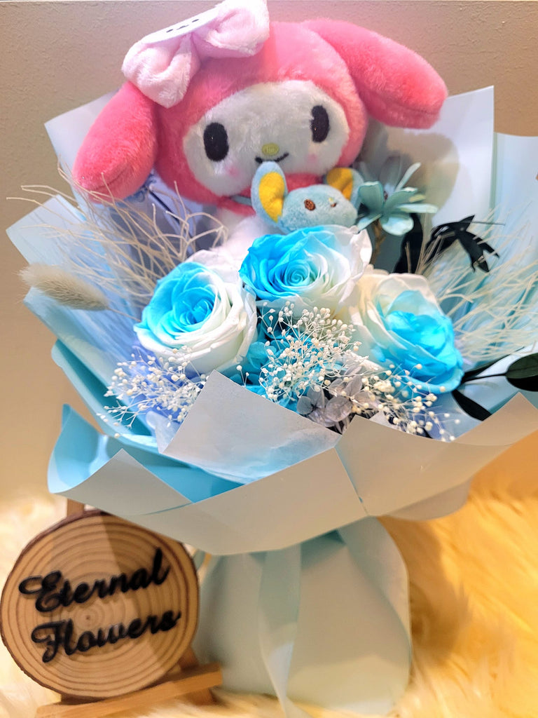 Timeless Romance Multi-Blue Preserved Roses Bouquet With My Melody Plush