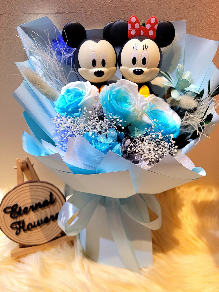 Eternal Couple Mickey and Minnie Mouse with Multi-Blue Preserved Roses Bouquet
