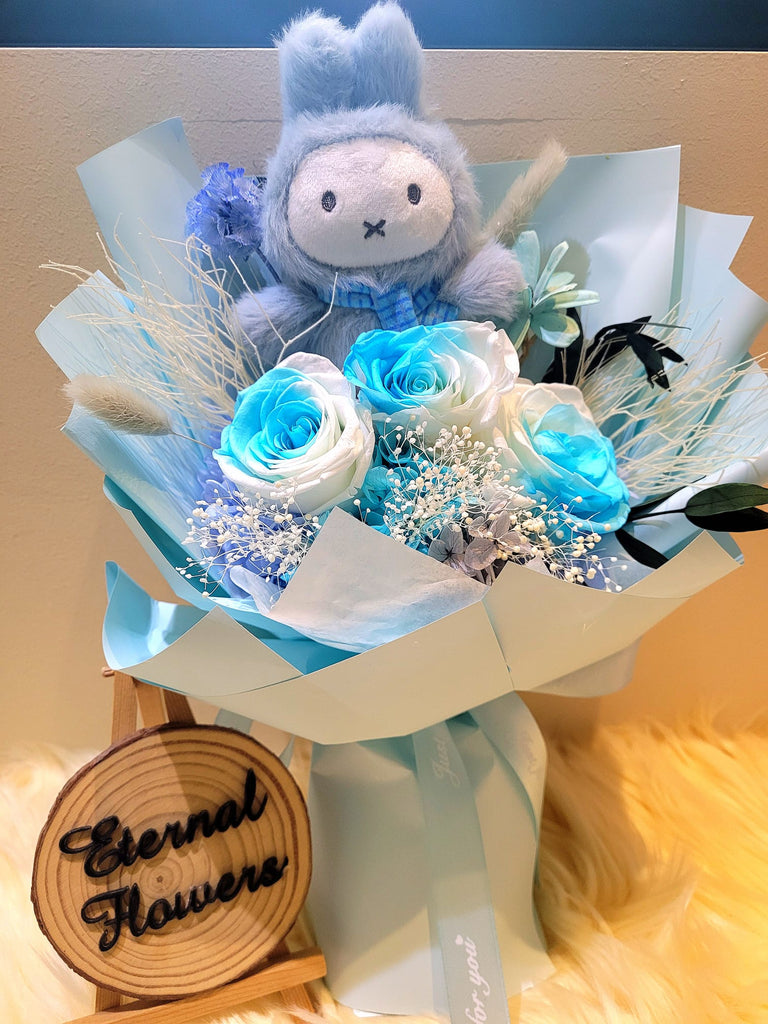 AUTHENTIC MIFFY Plush with Timeless Romance Multi Blue Preserved Roses Bouquet