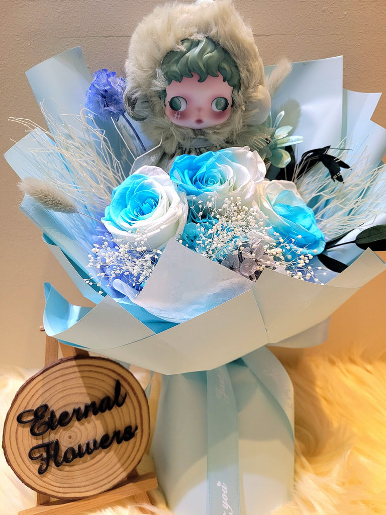 AUTHENTIC SKULLPANDA Plush with Timeless Romance Multi Blue Preserved Roses Bouquet