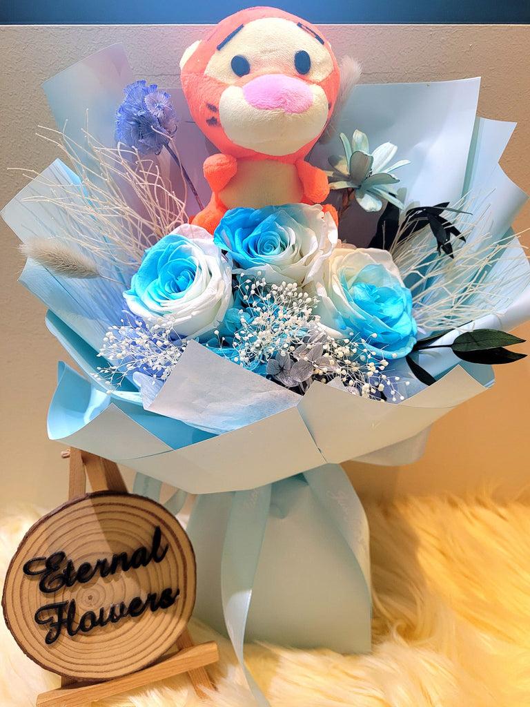 Timeless Romance Multi-Blue Preserved Roses Bouquet With Tigger