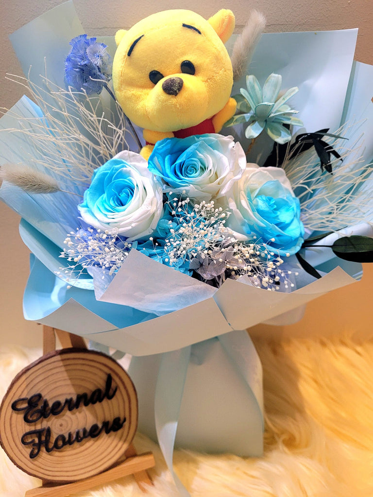 Timeless Romance Multi-Blue Preserved Roses Bouquet With Winnie The Pooh