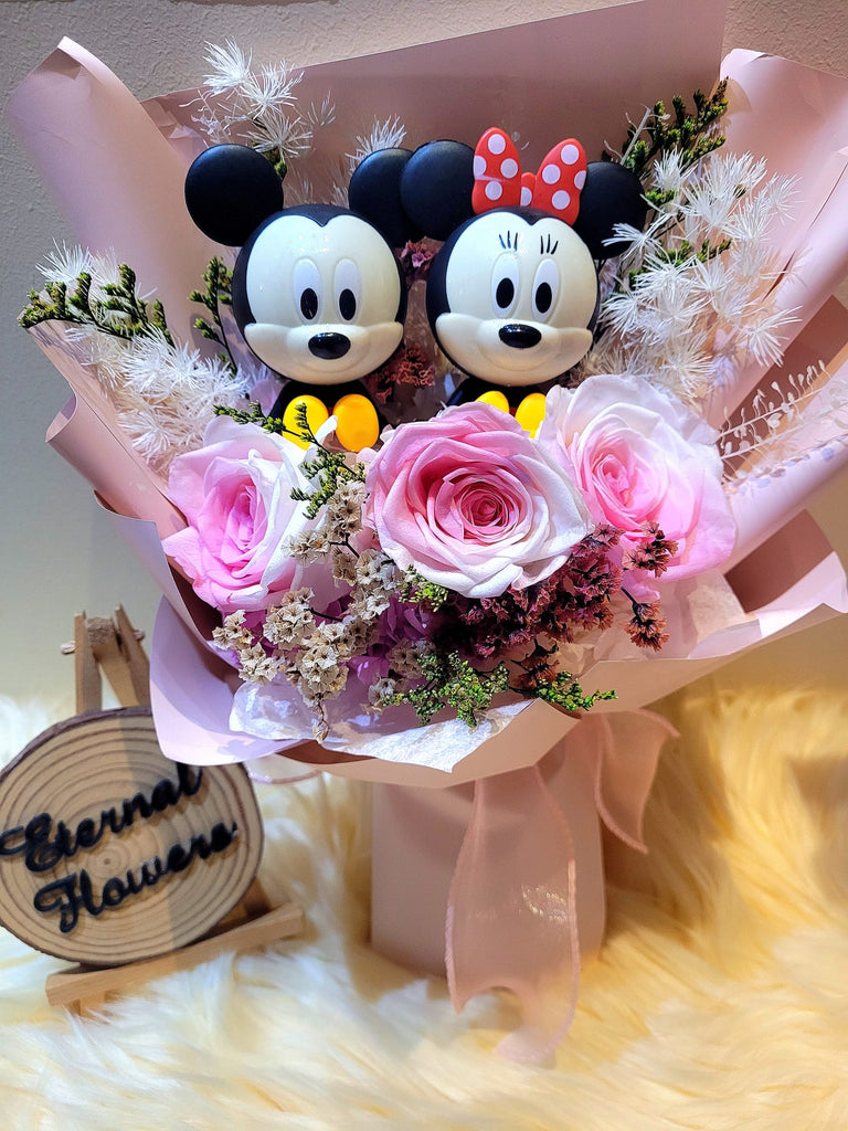 Eternal Couple Mickey and Minnie Mouse with Multi-Pink Preserved Roses Bouquet