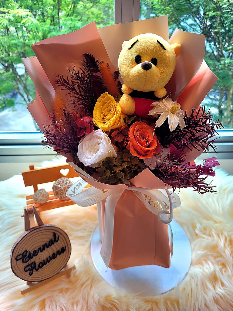 Eternal Elegance Orange Yellow White Preserved Roses Bouquet With Winnie The Pooh Plush