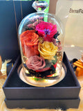 Bright Orange Pink Yellow and White Roses Personalised LED Preserved Flowers Dome. 100% High Quality Real Flowers. Same Day Delivery.