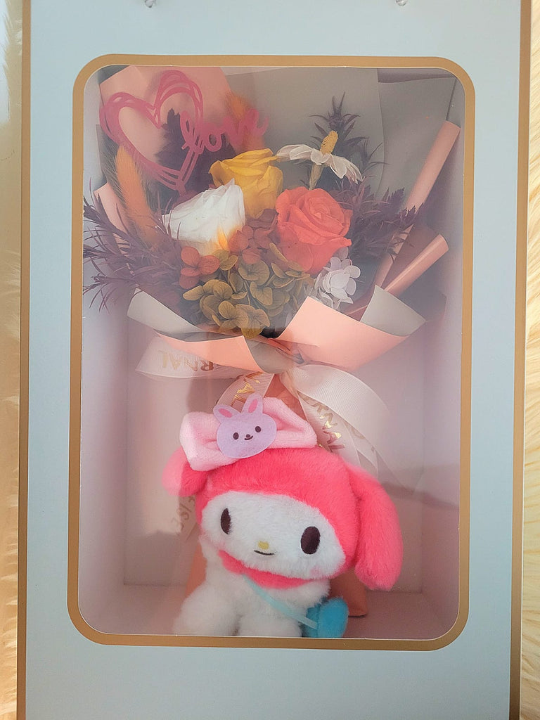 Eternal Elegance Orange Yellow White Preserved Roses Bouquet With My Melody Plush