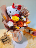 Eternal Elegance Orange Yellow White Preserved Roses Bouquet With Hello Kitty Plush