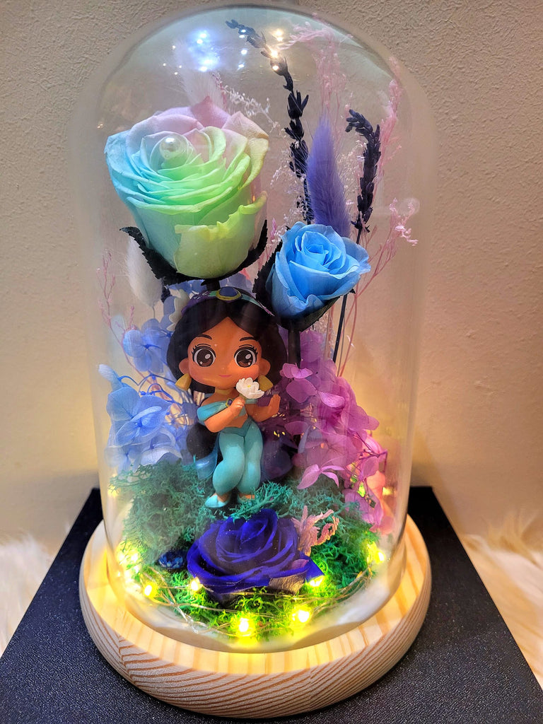 Princess Jasmine Preserved Flower Dome With Pastel Rainbow Roses And Same Day Delivery