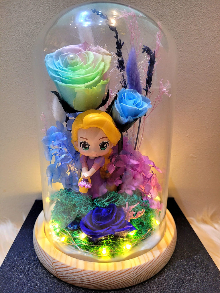 Princess Rapunzel Preserved Flower Dome With Pastel Rainbow Roses And Same Day Delivery