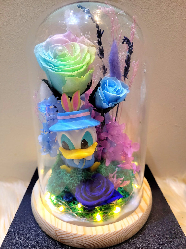 Donald Duck Preserved Flower Dome With Pastel Rainbow Roses and Same Day Delivery