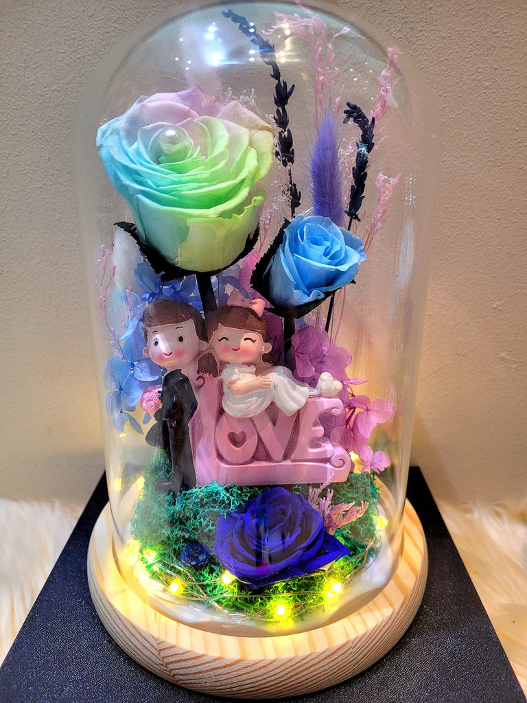 Eternal Couple V1 Preserved Flower Dome With Pastel Rainbow Roses And Same Day Delivery