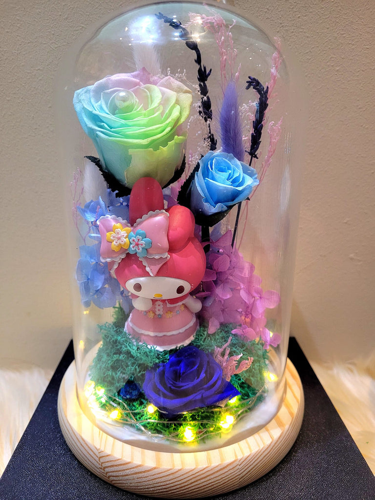 My Melody Preserved Flower Dome With Pastel Rainbow Roses And Same Day Delivery
