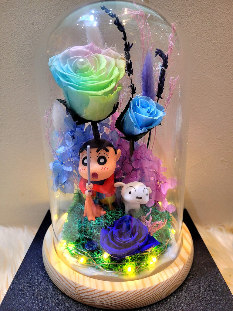 Crayon Shin-Chan Preserved Flower Dome With Pastel Rainbow Roses. Same Day Delivery Available.