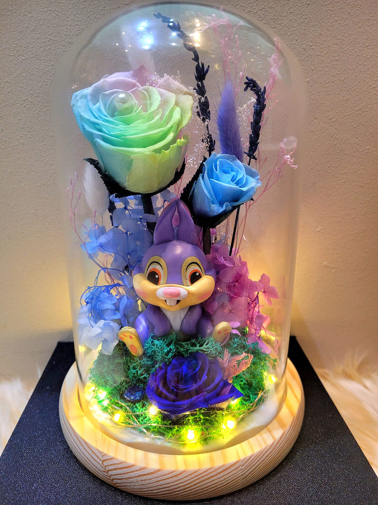 Bambi Thumper Preserved Flower Dome With Pastel Rainbow Roses And Same Day Delivery