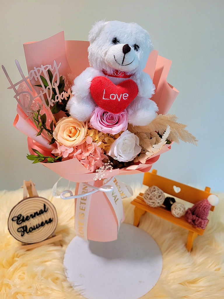 Eternal Elegance Peach White Pink Preserved Roses Bouquet With White Care Bear