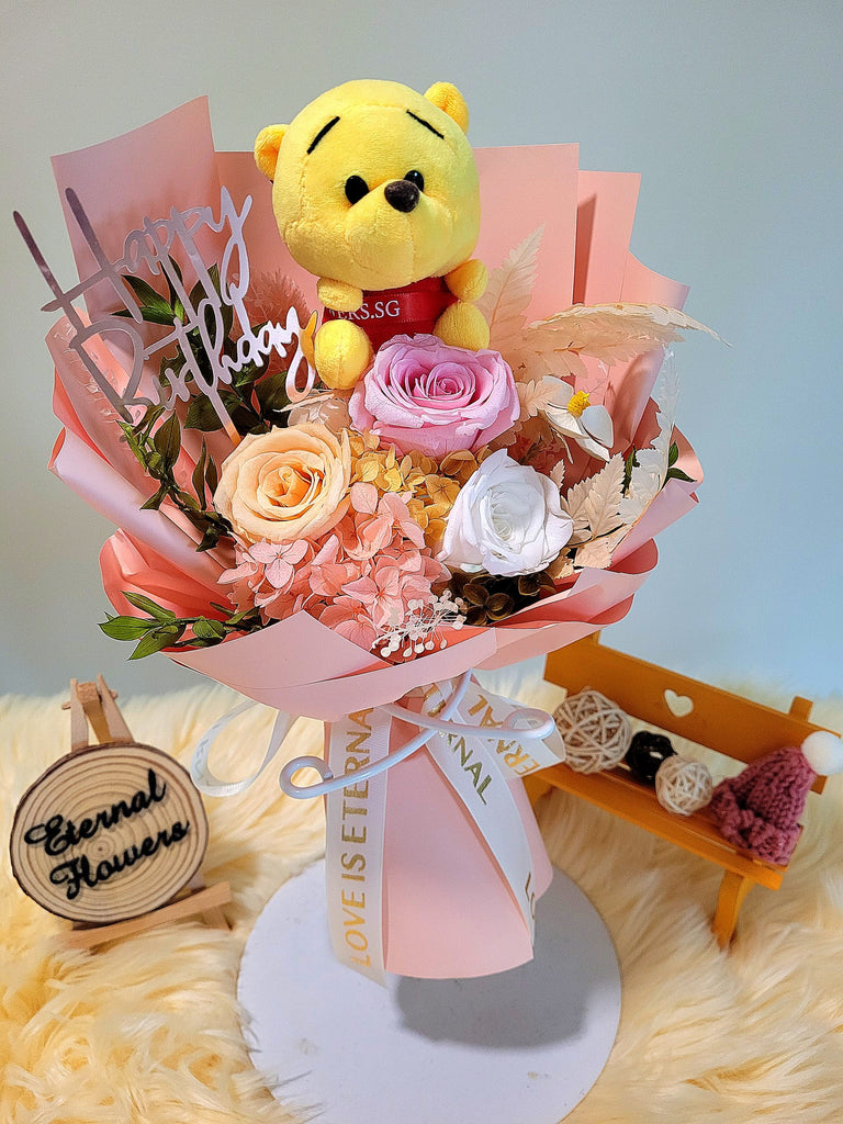 Eternal Elegance Peach White Pink Preserved Roses Bouquet With Winnie The Pooh Plush Toy