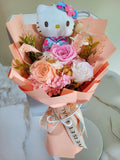 Eternal Elegance Peach White Pink Preserved Roses Bouquet With Hello Kitty Plush