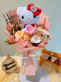 Eternal Elegance Peach White Pink Preserved Roses Bouquet With Hello Kitty Plush