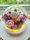 Lucky Cat With Light Purple Roses Personalised LED Preserved Flowers Dome. 100% High Quality Real Flowers.