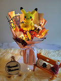 Pikachu Plush With Eternal Elegance Orange Yellow White Preserved Roses Bouquet