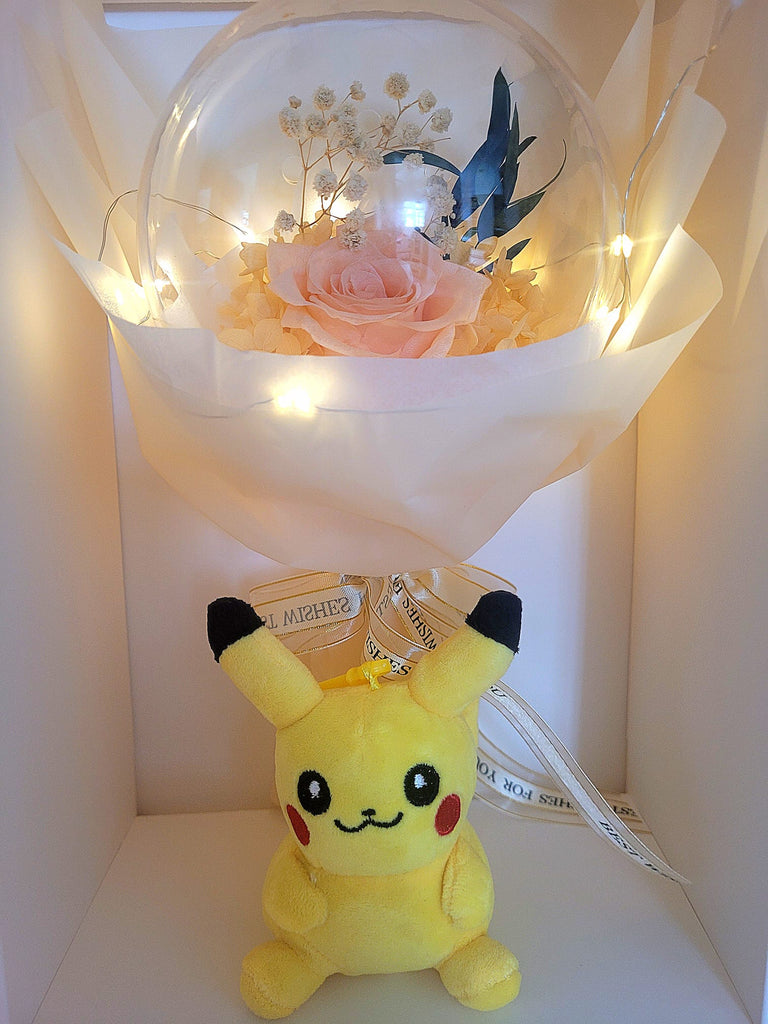 Acrylic Ball Preserved Champagne Rose Flowers Bouquet With Pikachu. Same Day Delivery.