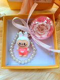 Pink Rose Preserved Flower Charm With Labubu. Same Day Delivery Available.