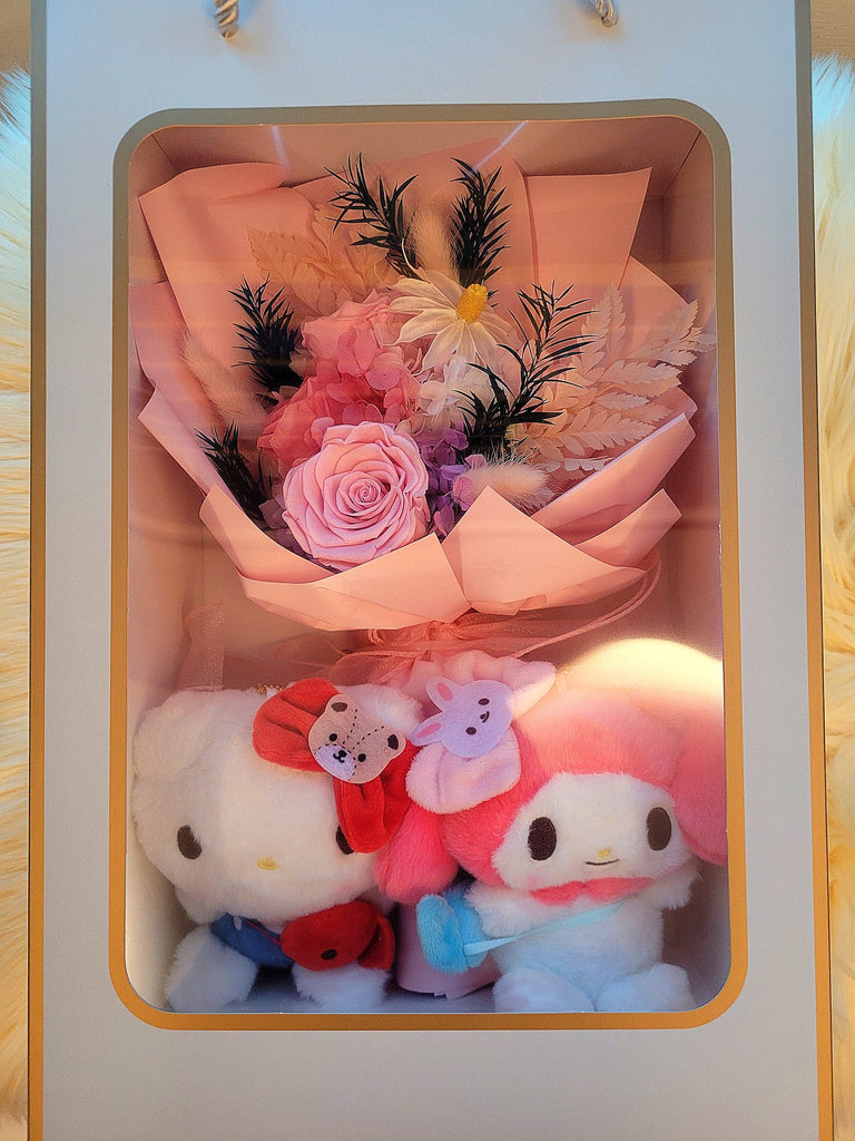 Forever In Love Preserved Flowers Bouquet With Hello Kitty & My Melody Plush Toy. 100% High Quality Real Flowers. Same Day Delivery.