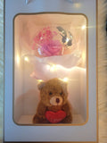 Acrylic Ball Preserved Pink Rose Flowers Bouquet With Love Bear Plush