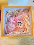 Pink Rose Preserved Flower Charm With Special Edition Crayon Shin-Chan. Same Day Delivery Available.