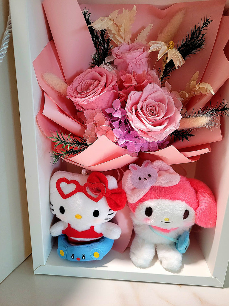 Forever In Love Preserved Flowers Bouquet With Hello Kitty & My Melody Plush Toy. 100% High Quality Real Flowers. Same Day Delivery.