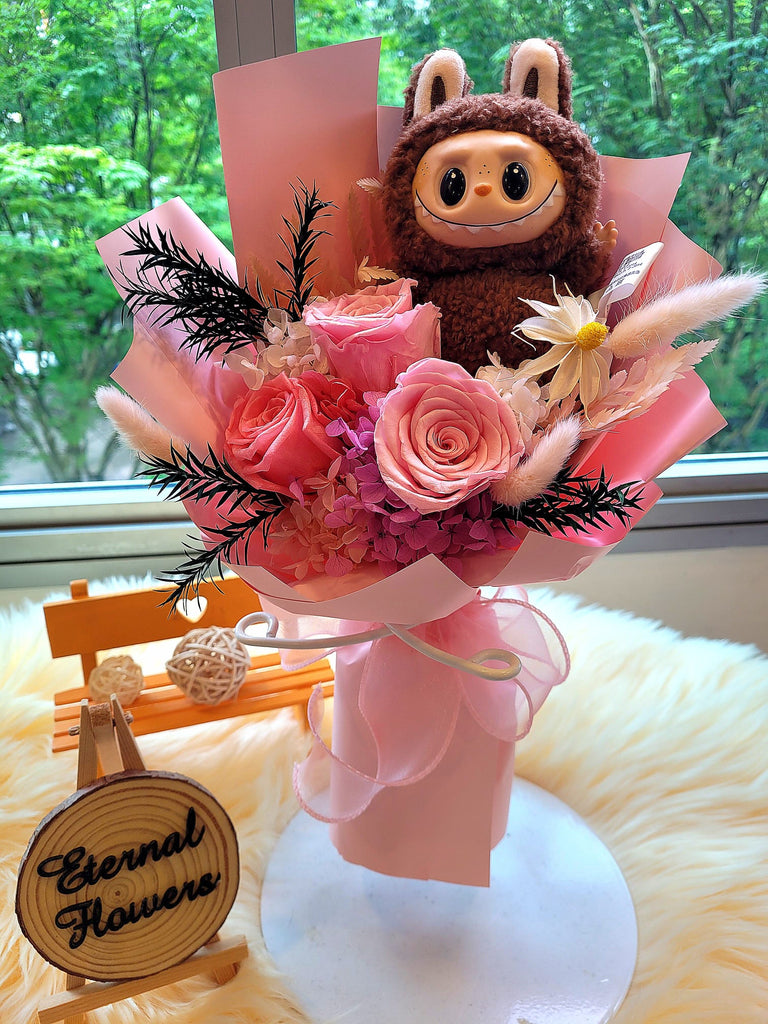 Forever In Love Preserved Flowers Bouquet With Labubu Plush Toy. 100% High Quality Real Flowers. Same Day Delivery.