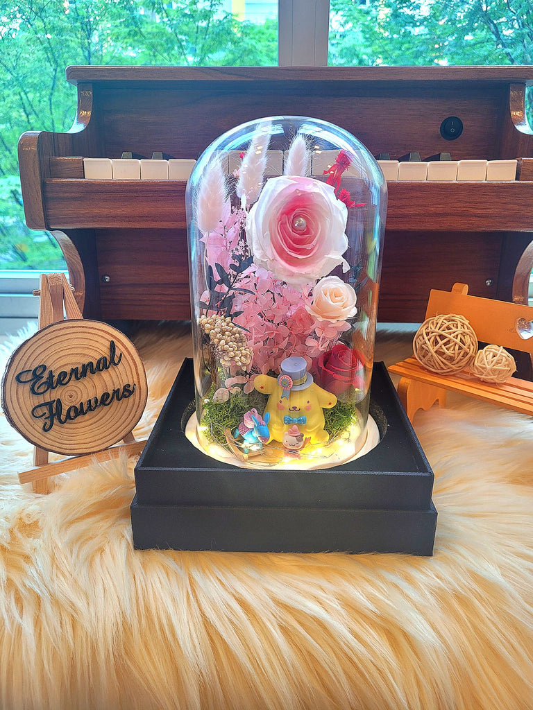 Pompompurin Preserved Flower Dome With Pink Roses
