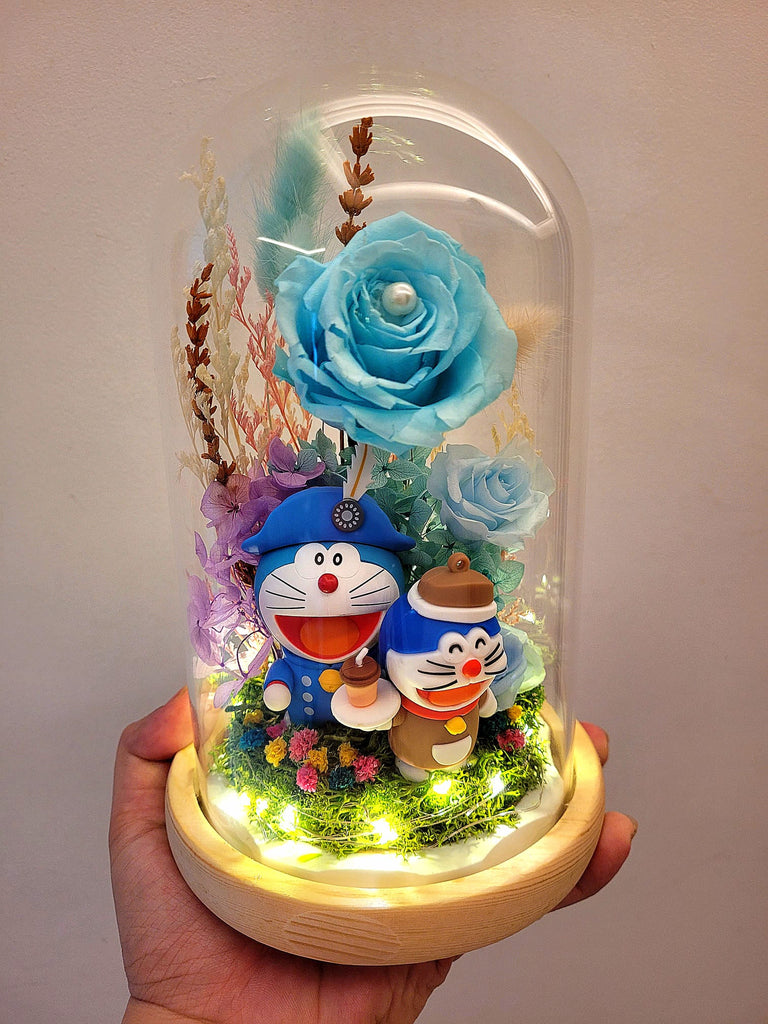 Premium Doraemon Preserved Flower Dome With Tiffany Roses And Same Day Delivery