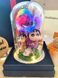 Premium Preserved Flower Dome With Rainbow Roses & 2 Crayon Shin-Chan Figurines