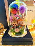 Premium Rainbow Preserved Flowers Dome With 2 Popmart Labubu Figurines (Same Day Delivery Available)