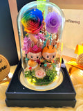 Premium Rainbow Preserved Flowers Dome With 2 Popmart Labubu Figurines (Same Day Delivery Available)