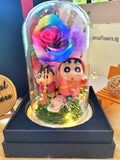 Premium Preserved Flower Dome With Rainbow Roses & 2 Crayon Shin-Chan Figurines