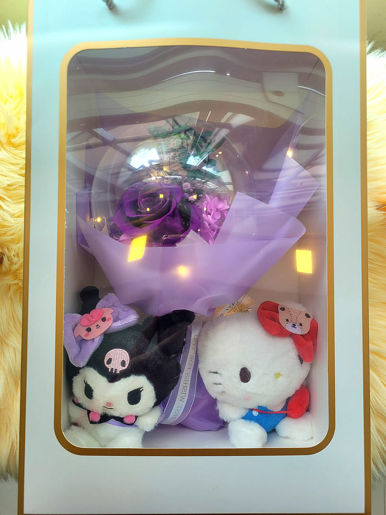 Acrylic Ball Preserved Purple Rose Flowers Bouquet With Kuromi & Hello Kitty Plush Toy. Same Day Delivery.