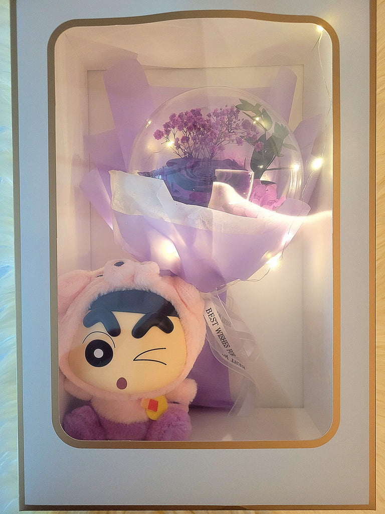 Acrylic Ball Preserved Purple Rose Flowers Bouquet With Crayon Shin-Chan Vinyl Plush Toy. Same Day Delivery.