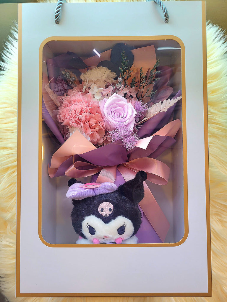 Eternal Blossoms Carnation With Rose Bouquet And Kuromi Plush Toy.  Same Day Delivery