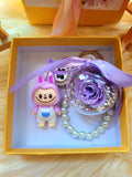 Purple Rose Preserved Flower Charm With Labubu. Same Day Delivery Available.