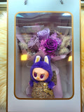 High Esteem Purple Preserved Roses Bouquet With Labubu Wings of Fortune Plush Toy. Same Day Delivery.