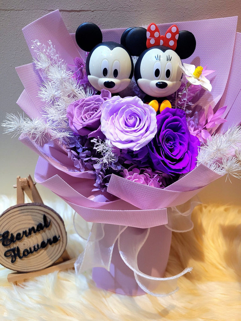 Eternal Couple Mickey and Minnie Mouse with High Esteem Preserved Flowers Bouquet