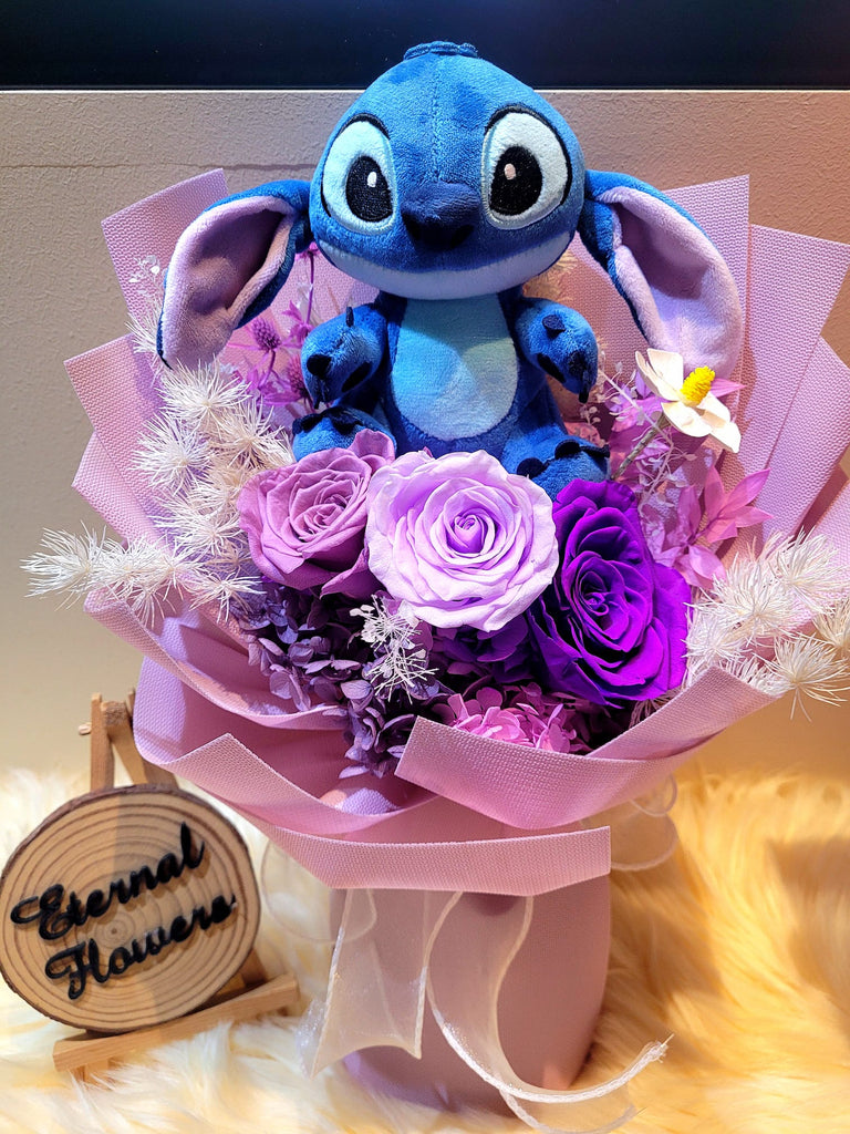 High Esteem Preserved Flowers Bouquet With Stitch Plush