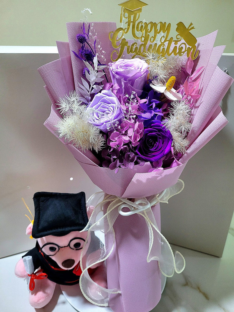 Graduation Bouquet: High Esteem Preserved Flowers Bouquet With Teddy Bear