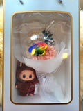 Acrylic Ball Preserved Rainbow Rose Flowers Bouquet with Labubu Plush